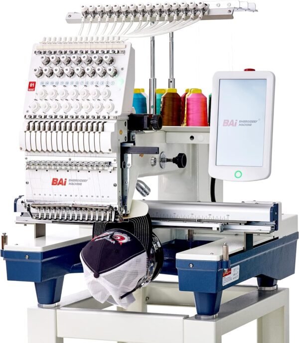 BAi Automatic Embroidery Machine for Hat, Computerized Commercial Embroidery for Clothing Shirts, 15 Needles Single Head Mirror 1501 with Big Embroidery Area