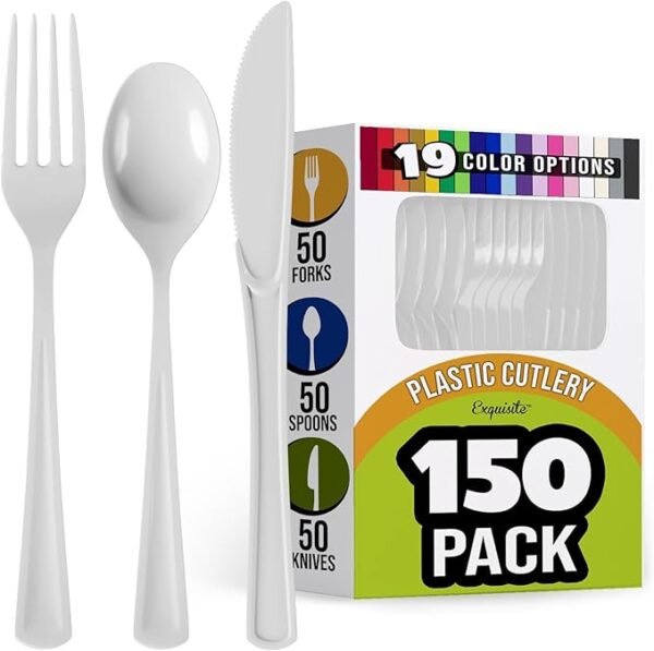 150 Pack White Plastic Cutlery Set, Plastic Silverware Heavy Duty, Plastic Utensil Sets, 50 Plastic Forks 50 Plastic Spoons 50 Plastic Knives Disposable Cutlery Set For Party Supplies Exquisite