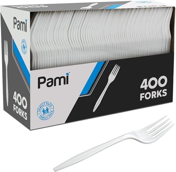 PAMI Medium-Weight Disposable Plastic Forks [400-Pack] - Bulk White Plastic Silverware For Parties, Weddings, Catering Food Stands, Takeaway Orders & More- Sturdy Single-Use Partyware Forks