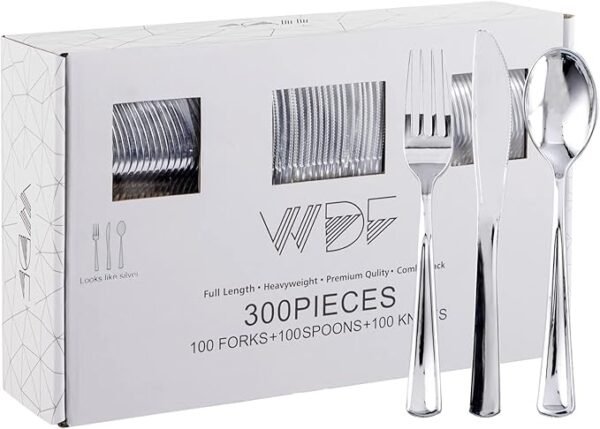 WDF 300 Pieces Silver Plastic Silverware - Plastic Silverware- Plastic Silverware Heavy Duty - 100 Forks 100 Knives 100 Spoons - Disposable Silver Cutlery Perfect for Party/Wedding