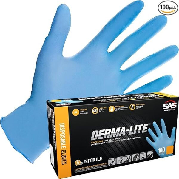 SAS Safety 6609 Derma-Lite Lightly Powdered Disposable Nitrile 5 Mil Gloves, Extra Large, 100 Gloves by Weight