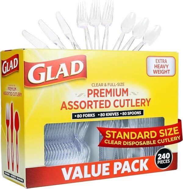 Glad Disposable Cutlery Set - Clear Heavy Duty Plastic Forks, Knives, and Spoons - 240 Piece Plasticware for Parties - Durable, Sturdy Recyclable Utensils - Great for July 4th, Thanksgiving, Christmas