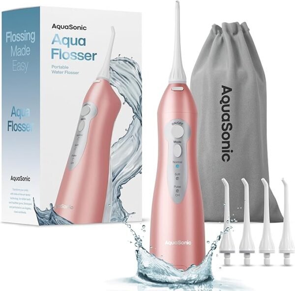 Aquasonic Aqua Flosser – Professional Rechargeable Water Flosser with 4 Tips – Oral Irrigator w/ 3 Modes – Portable & Cordless Flosser – Kids and Braces – Dentist Recommended