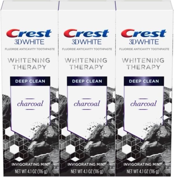 Crest Charcoal 3D White Toothpaste, Whitening Therapy Deep Clean with Fluoride, Invigorating Mint, 4.1 Oz (Pack of 3)