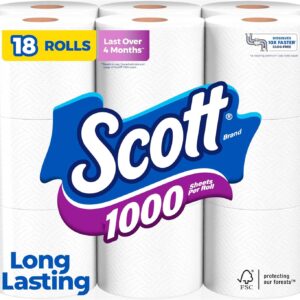 Scott 1000 Toilet Paper, 18 Rolls, Septic-Safe, 1-Ply Toilet Tissue